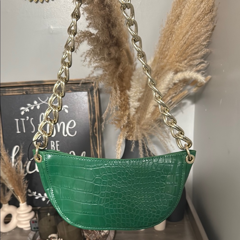 Green Croc-Embossed Shoulder Bag